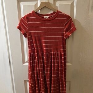 Ribbed Stripe Mini Dress Red Short Sleeve Womens M